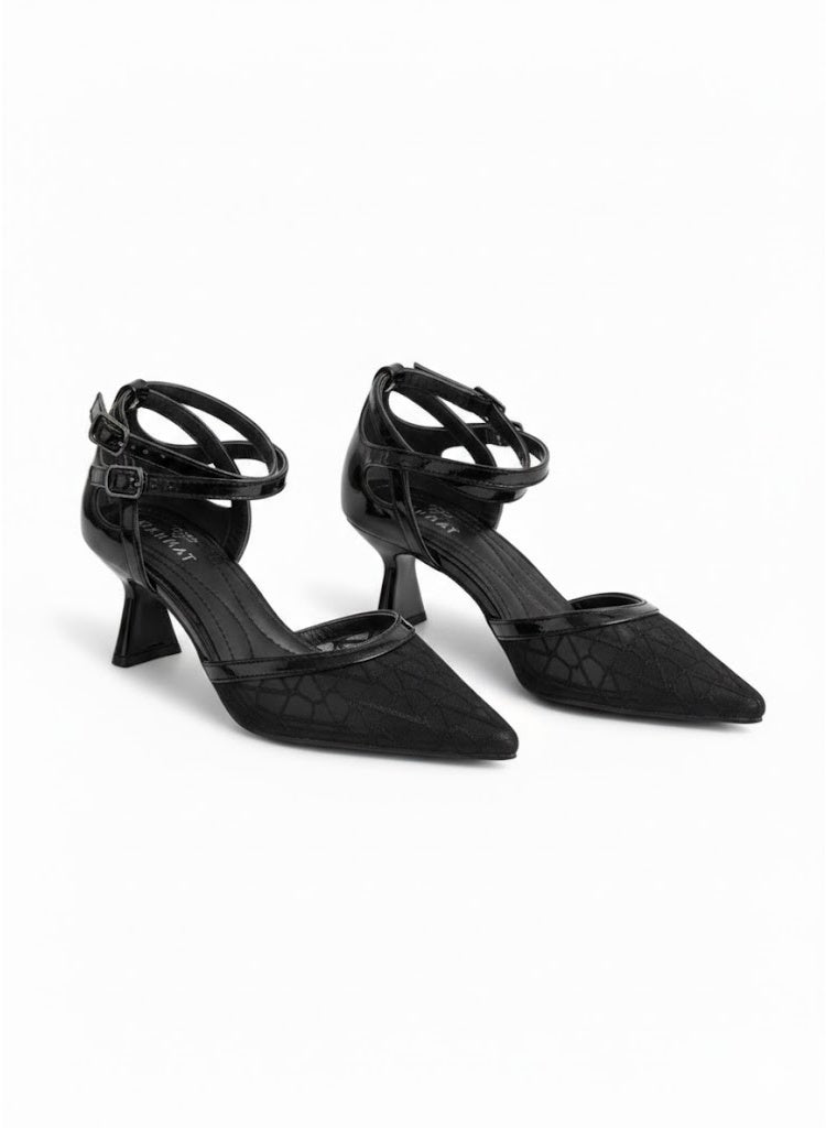 لايف ستيلاش  أحذية بكعب متوسط من القماش والجلد مع إبزيم F-601 - أسود - Image 2